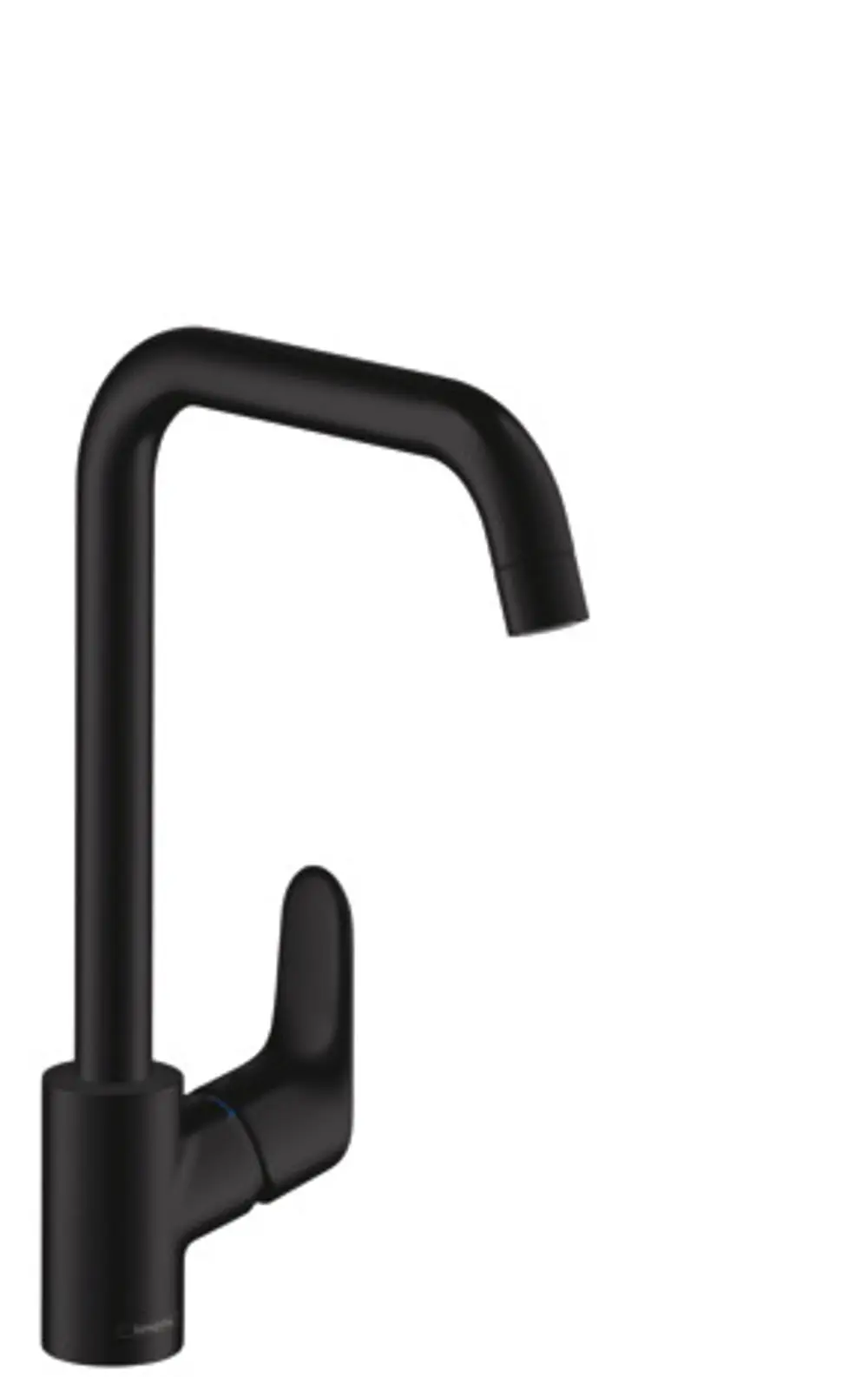 Spültischmischer in mattschwarz von Hansgrohe mit einem hohen, gebogenen Auslauf und einem seitlichen Griff zur Einstellung von Wassertemperatur und -fluss.